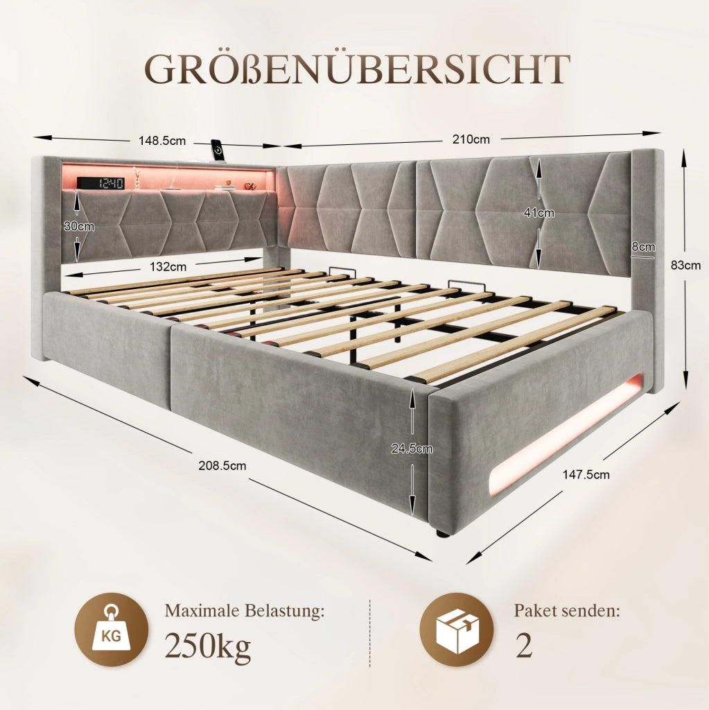 Letto imbottito 140x200 cm con contenitore, LED, USB e Type-C, velluto grigio scuro