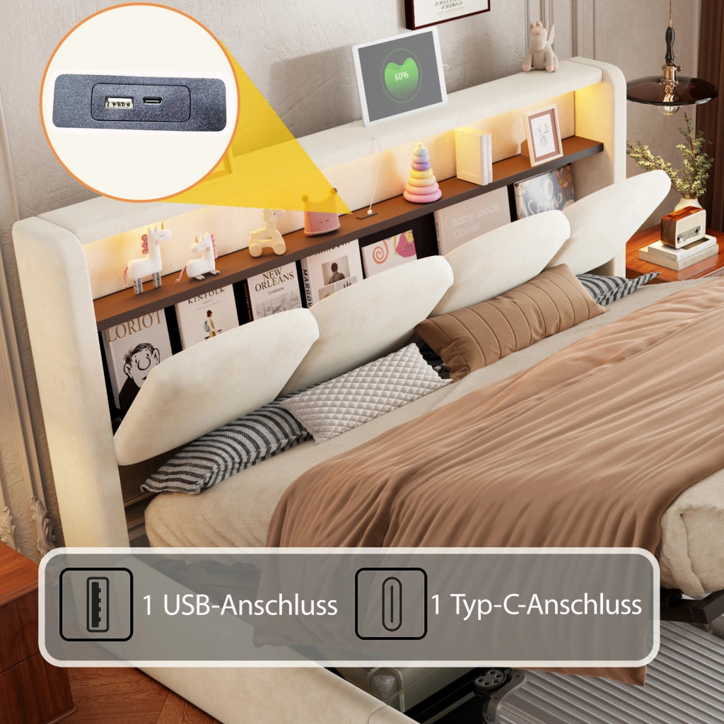 Letto matrimoniale imbottito 140 × 200 cm con contenitore idraulico velluto beige USB e Type-C LED