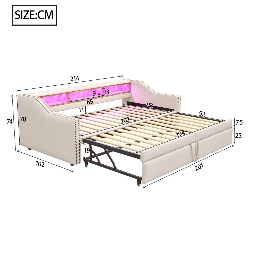 Divano letto imbottito estraibile con rete a doghe e due materassi a molle beige con LED e USB