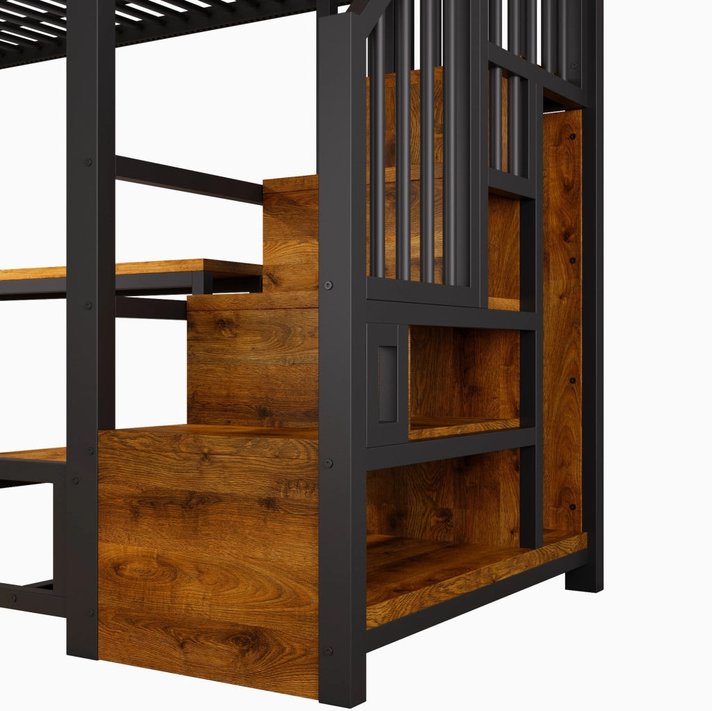 Letto a soppalco 90x200 cm con scrivania, scaffali, armadio scala e LED