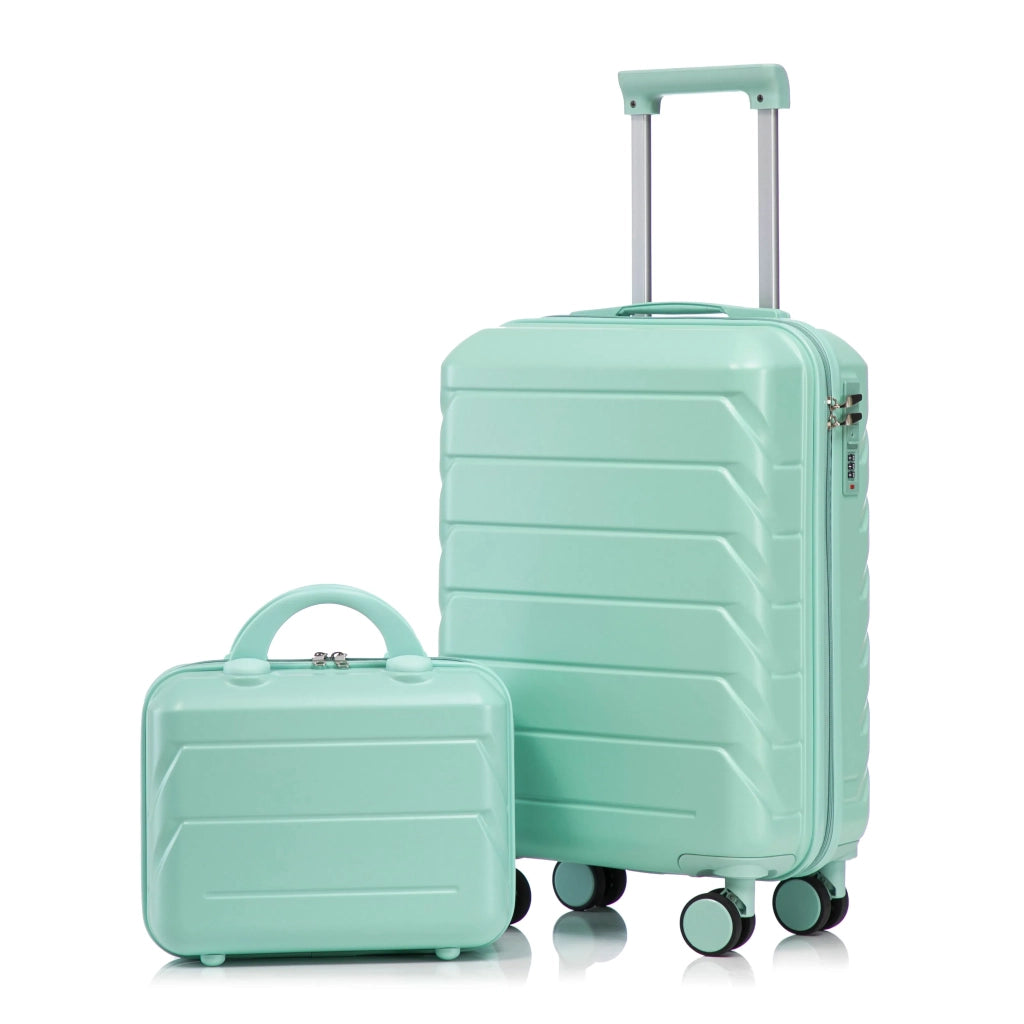 Set valigie ABS 2 pezzi con spinner e combinazione, verde menta: 14"/19" + borsa cosmetica 14