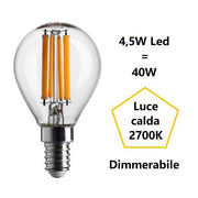 LAMPADINA SFERA PICCOLA LED 4,5W LUCE CALDA 2700K 470 LUMEN E14 DIMMERABILE BOT