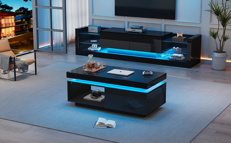 Set mobile TV + tavolino, 181 cm, LED Bluetooth, nero lucido, 2 pezzi