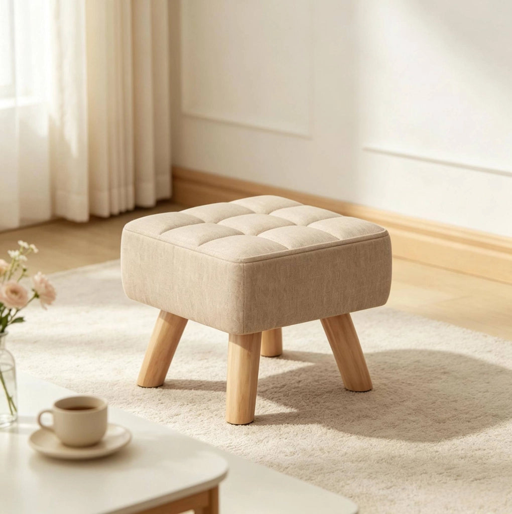 Pouf poggiapiedi imbottito in lino marrone chiaro 27 cm