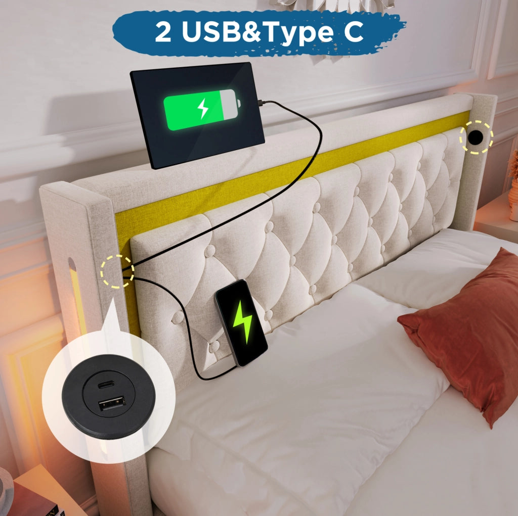 Letto matrimoniale imbottito 140x200 cm con LED, USB e Type-C, contenitore, beige chiaro