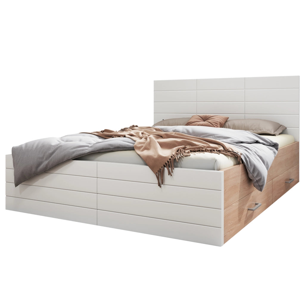 Letto matrimoniale 180x200 con due cassetti bianco e rovere