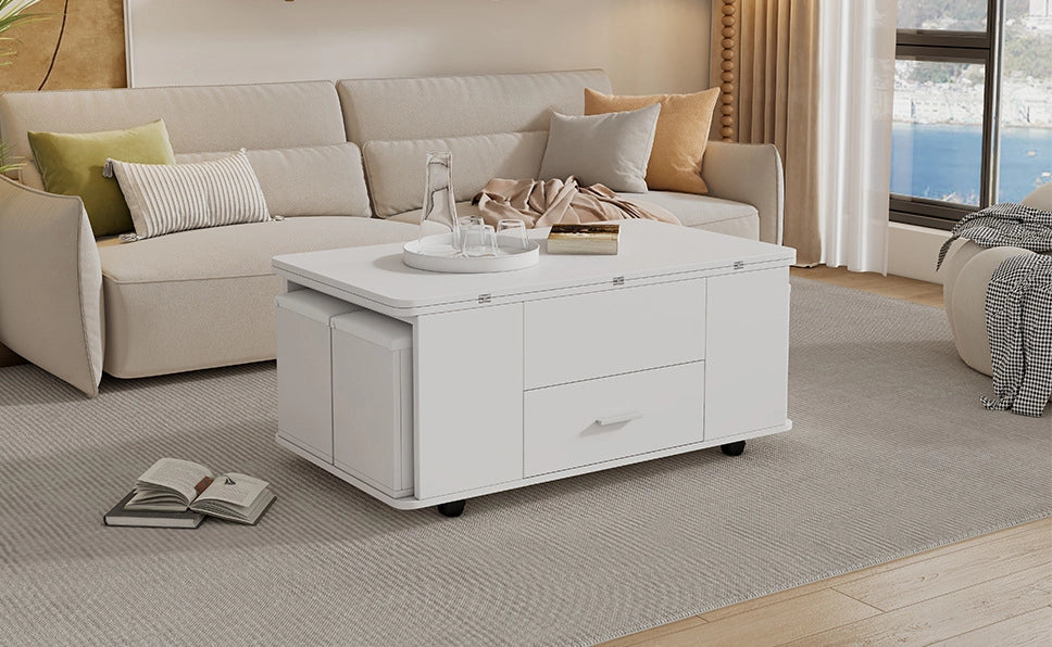 TAVOLO da caffè sollevabile 100 x 50 cm bianco con 4 sgabelli