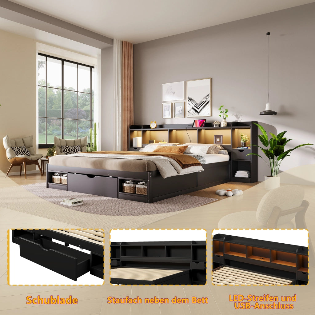 Letto a piattaforma 180 × 200 cm con contenitore MDF e compensato nero LED 3 cassetti e ripiani