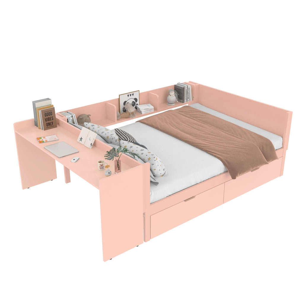 Letto matrimoniale 140x200 con scrivania, 2 cassetti e 3 ripiani, struttura in legno, rosa, per camera ordinata e funzionale