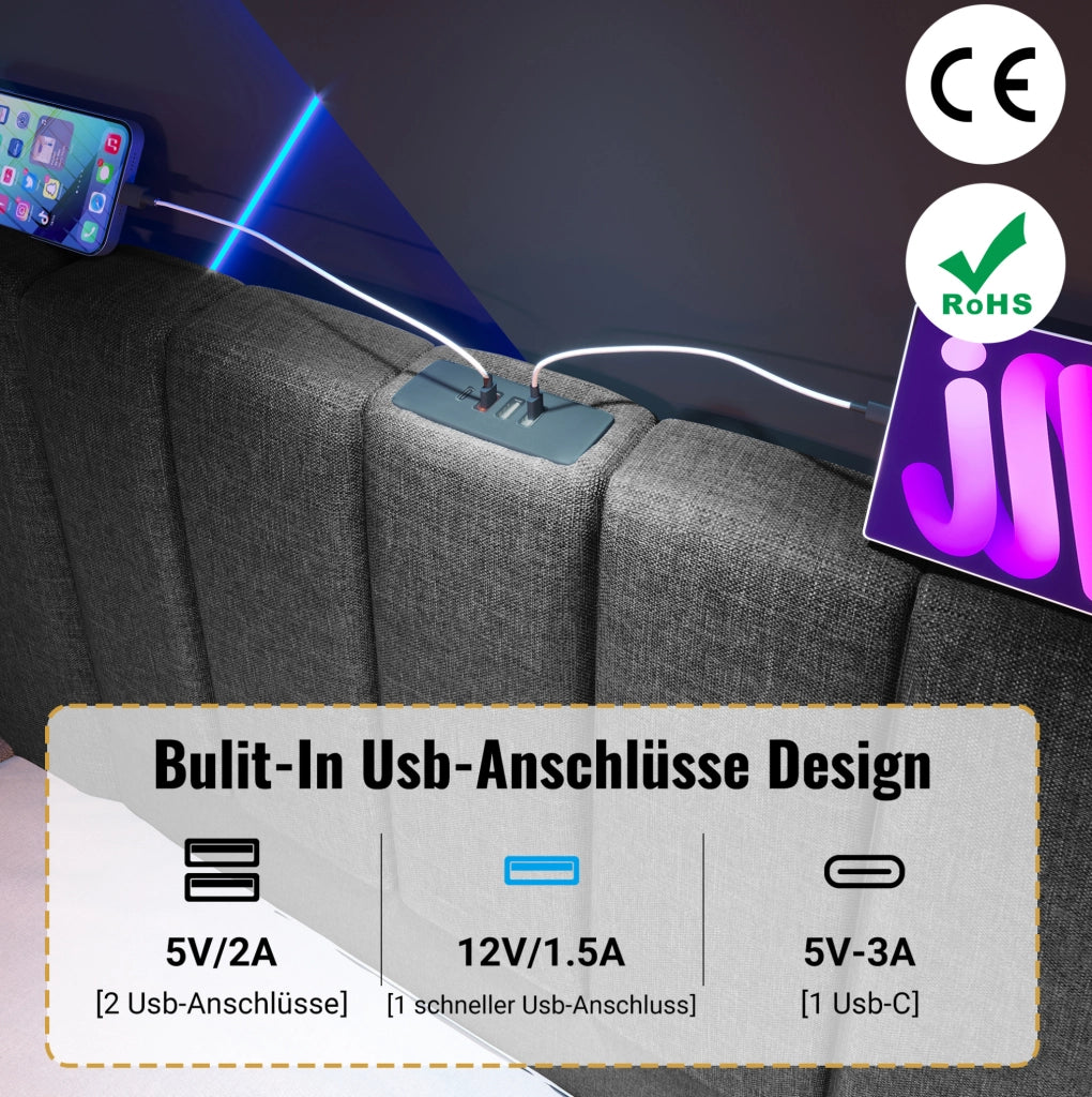 Letto imbottito 160x200 cm con contenitore; LED 360°; USB e Type-C; lino grigio