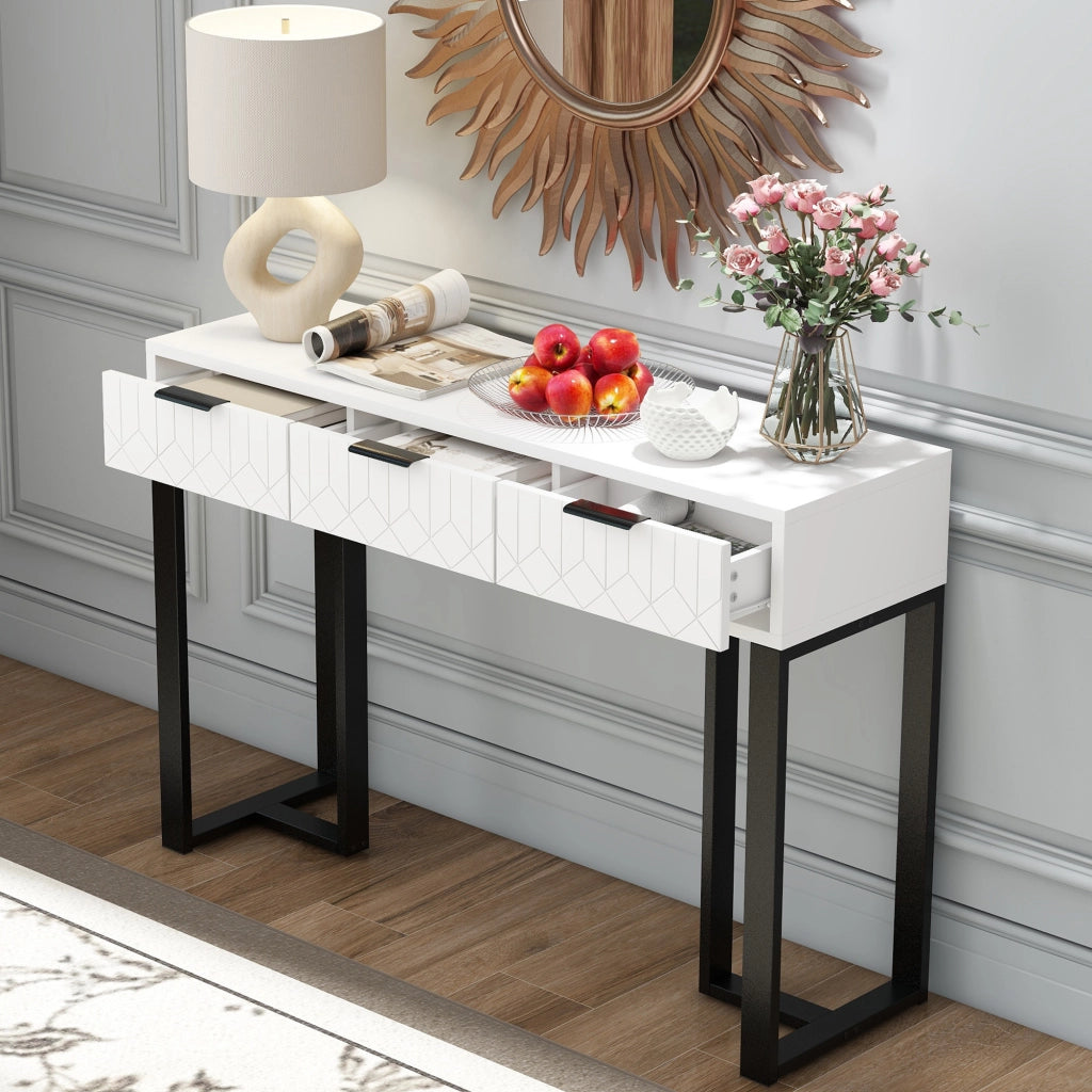 Tavolo consolle con cassetti e piedini regolabili in MDF bianco e nero