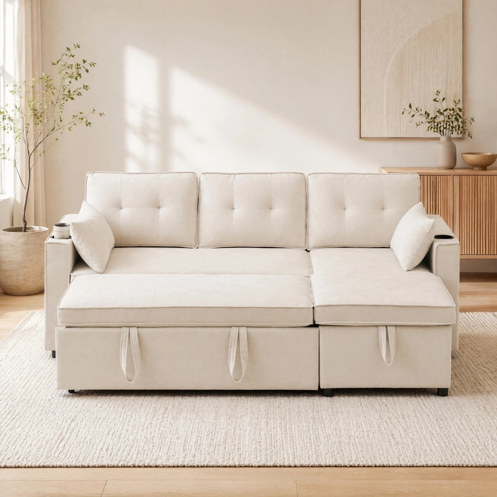 Divano letto angolare beige con contenitore, portabicchieri e cuscini decorativi