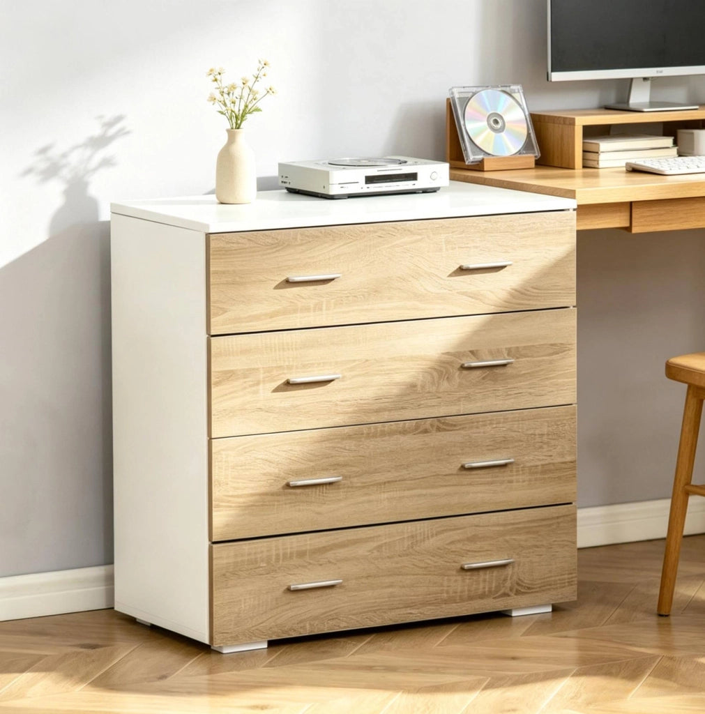 Cassettiera 4 cassetti bianco e legno chiaro 76x35x72 cm