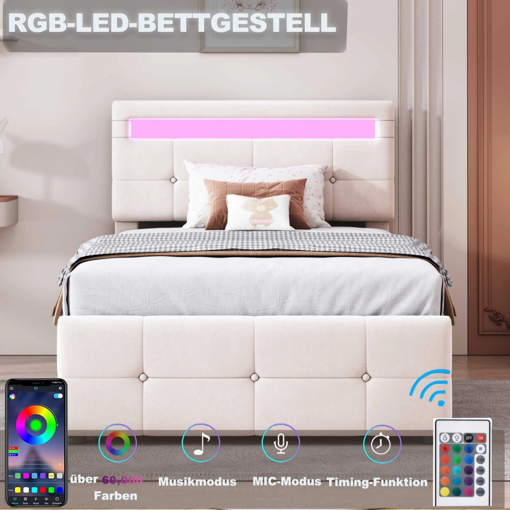 Letto contenitore 90x200 cm con LED e testiera regolabile; in velluto; beige