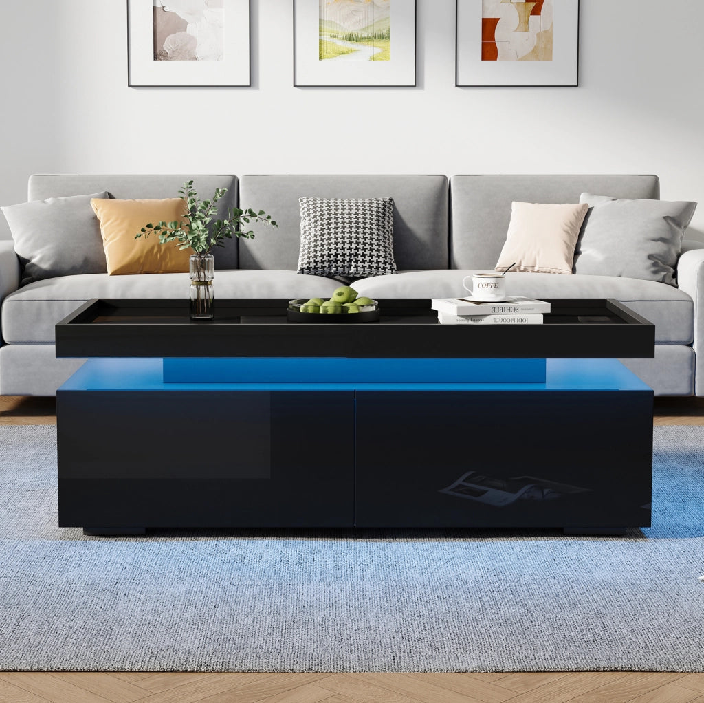 TAVOLINO DA CAFFÈ 95x45x35 cm Nero Lucido con LED e 2 Cassetti