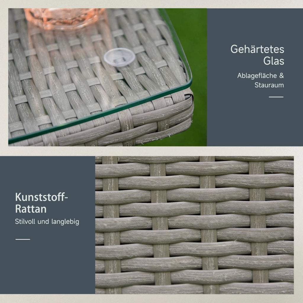 Set mobili da balcone 3 pezzi in rattan grigio con tavolino e cuscini sfoderabili