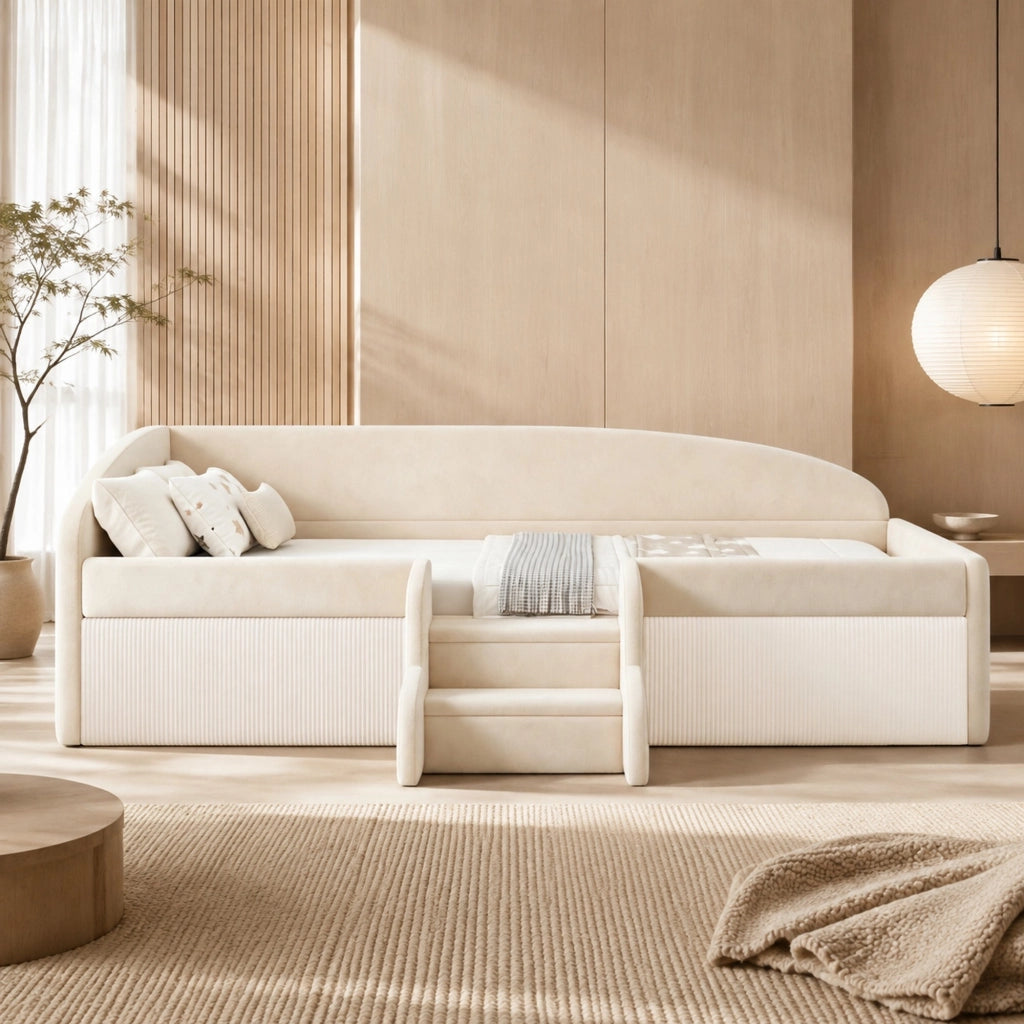 Letto imbottito per bambini 90x190 cm in velluto beige con scale e sponde di sicurezza, multifunzionale