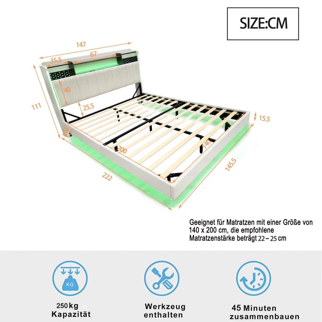 Letto 140 x 200 cm con testiera contenitore, LED e USB, 2 cassetti, lino beige, camera