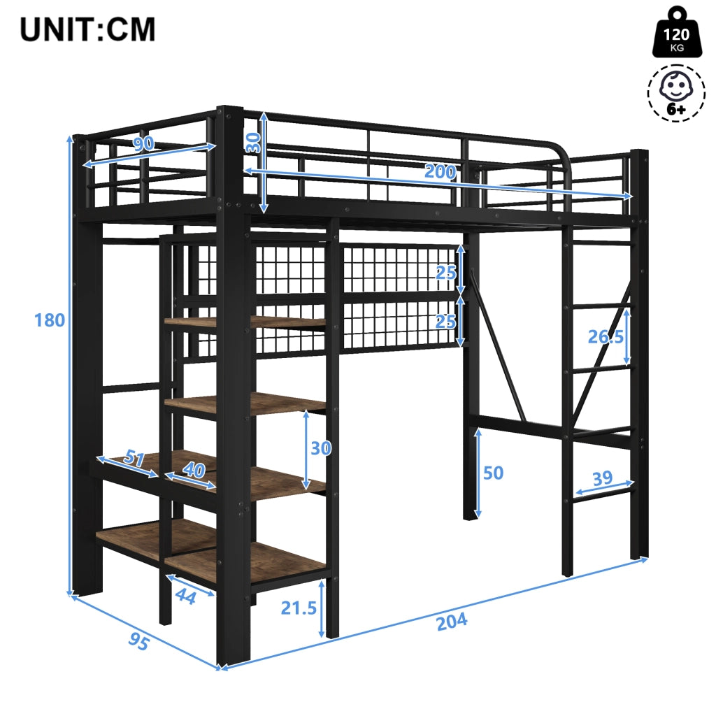 Letto per bambini a soppalco 90x200 cm con LED; ripiani e rete appendiabiti; metallo e MDF nero