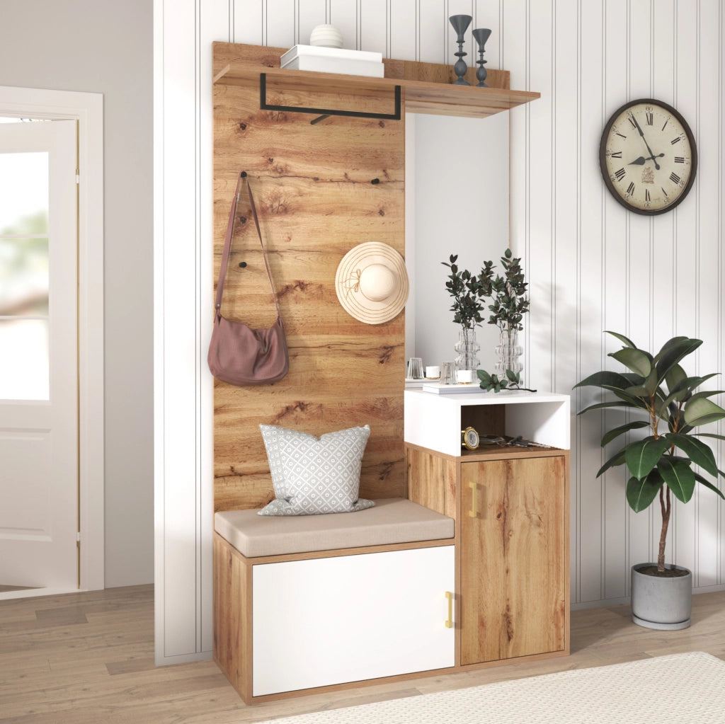 Set da ingresso bianco e legno con specchio, scarpiera, appendiabiti, panca e ganci