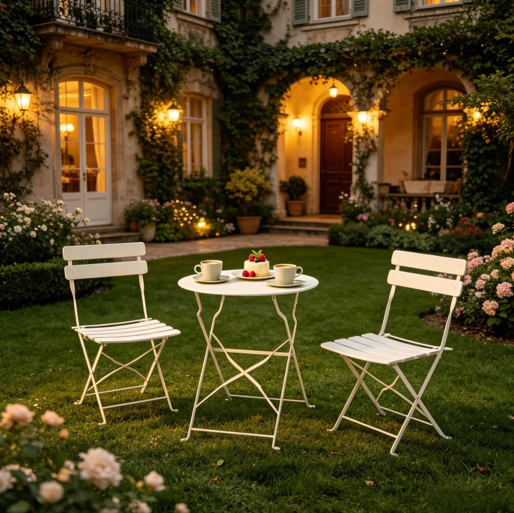 Set bistrot pieghevole da esterno crema, tavolo e 2 sedie