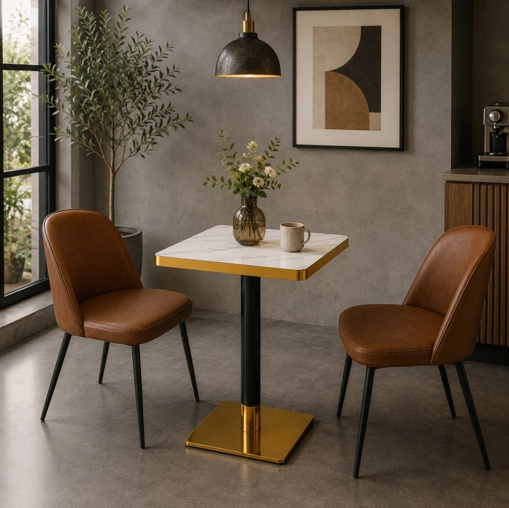 Tavolo da pranzo quadrato 60x60 cm effetto marmo bianco, metallo dorato