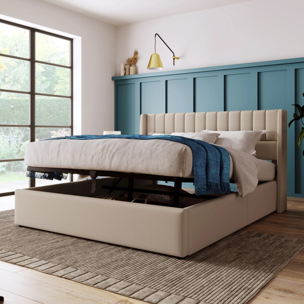 Letto contenitore 140x200 cm imbottito in lino beige