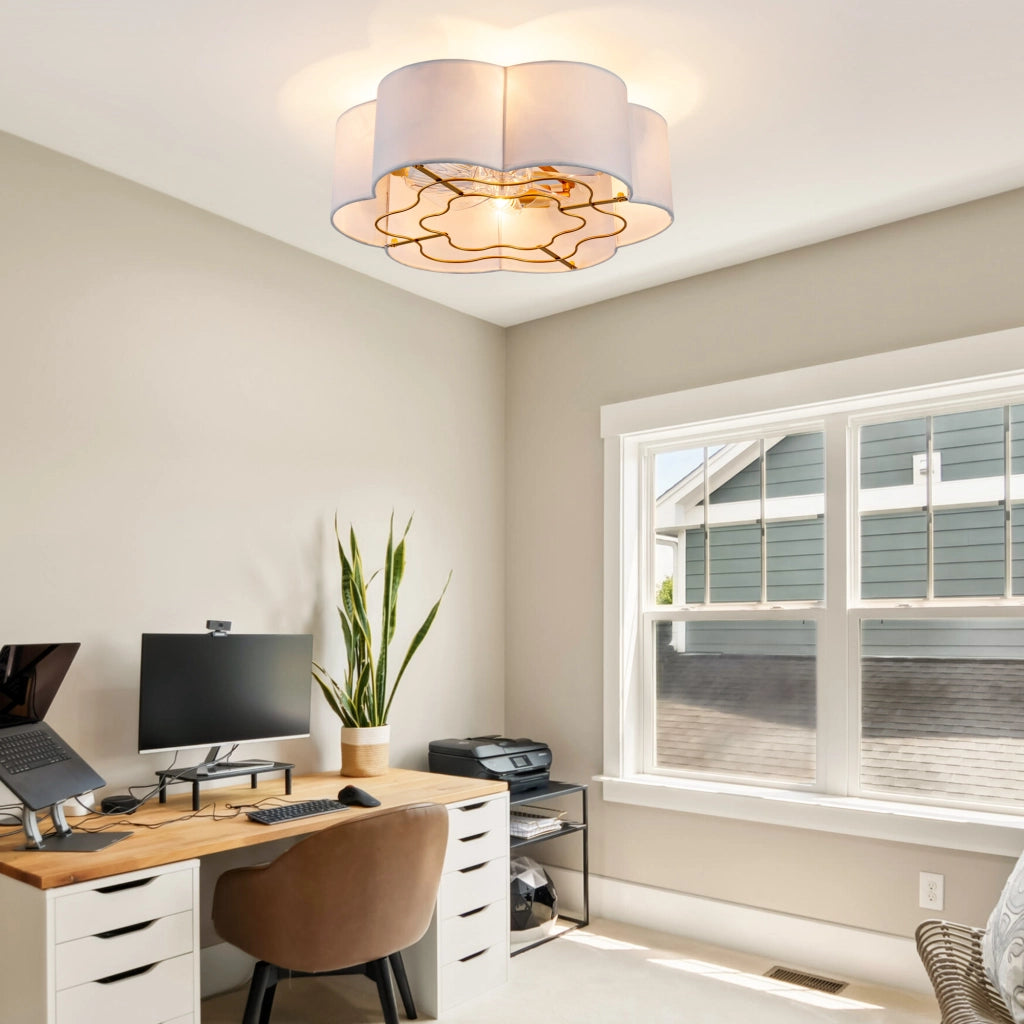 Ventilatore da soffitto con luce; 6 velocità; app Bluetooth e telecomando; 4 portalampade E26. oro e bianco