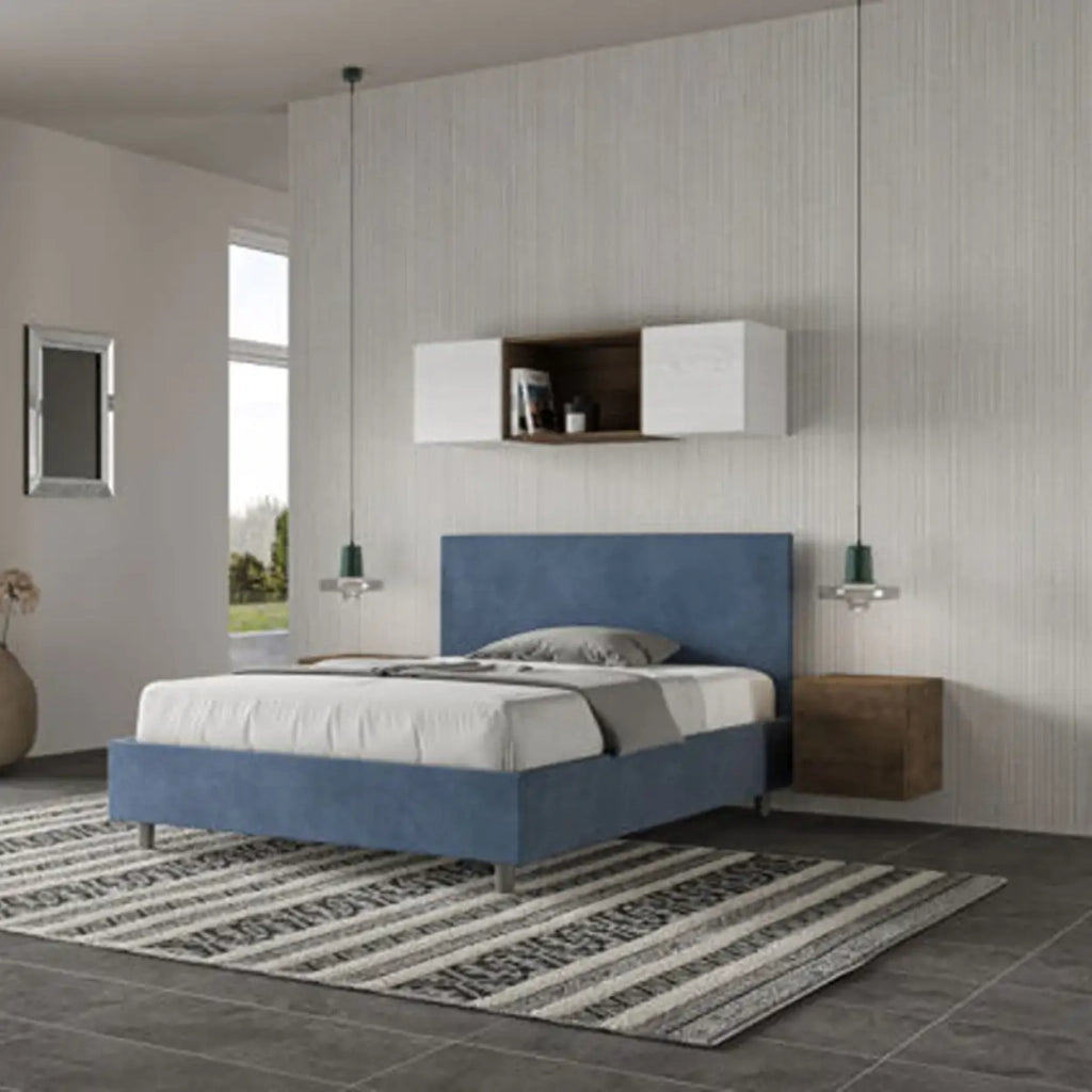 Letto matrimoniale francese senza rete imbottito 140x200 microfibra blu Adele