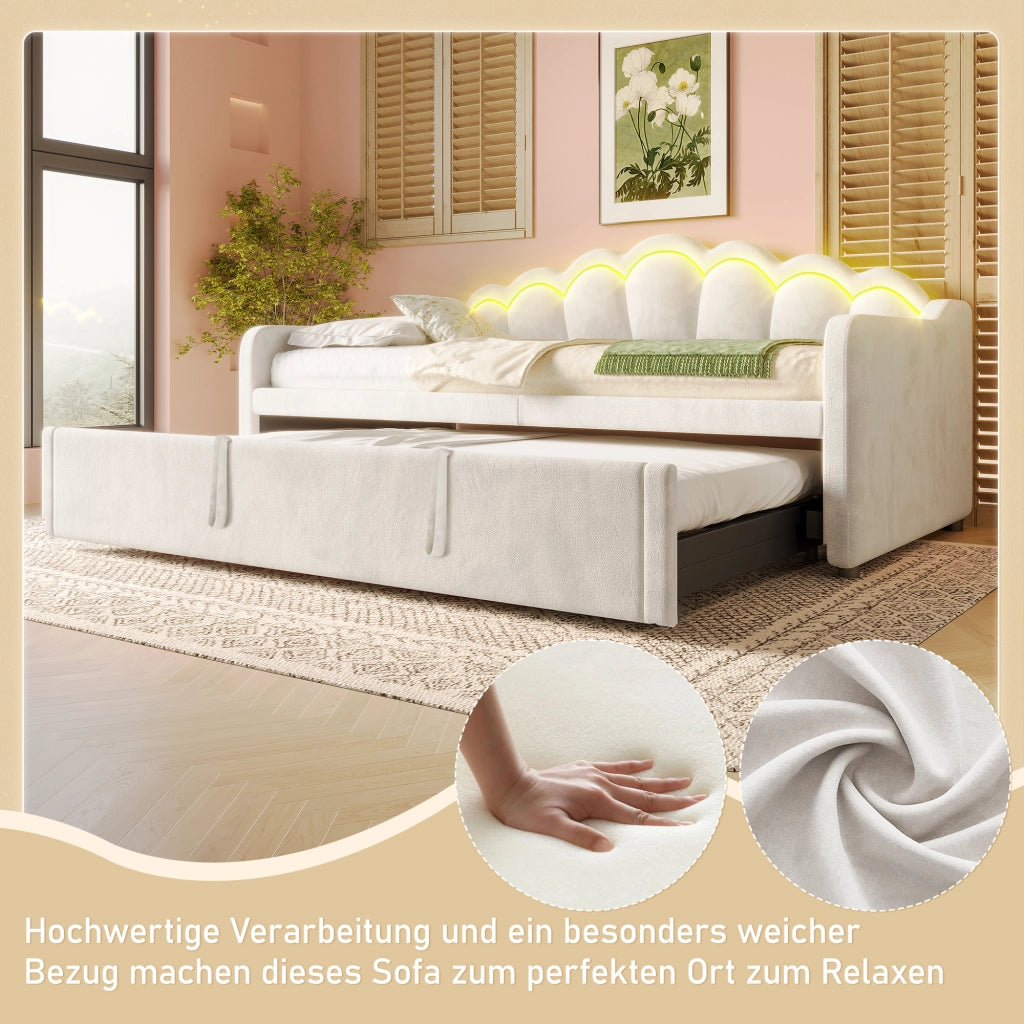 Letto estraibile singolo in velluto beige 90 × 200 cm con LED multicolore e secondo letto