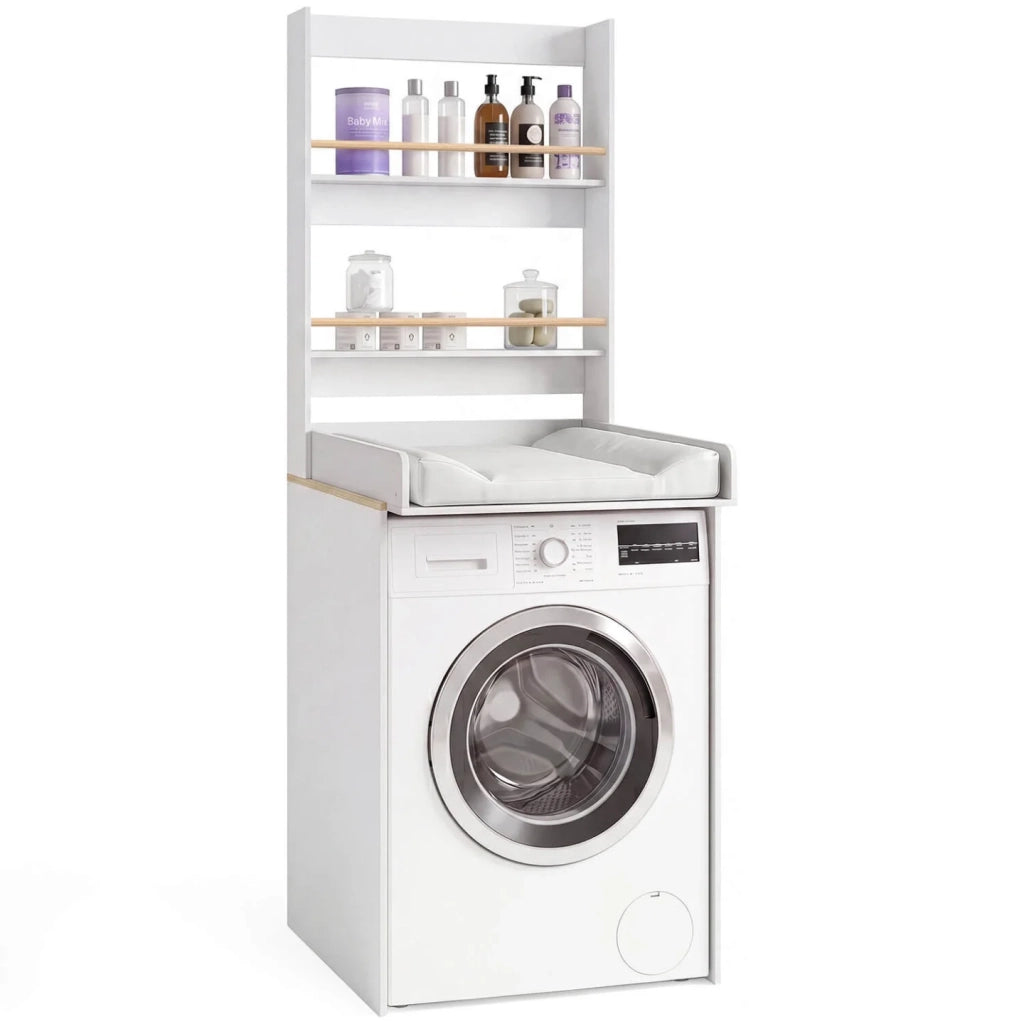 IDMarket - Fasciatoio modulabile AMBRE, da posizionare sopra la lavatrice, finitura in faggio e bianco, con 2 ripiani e piano fasciatoio ri