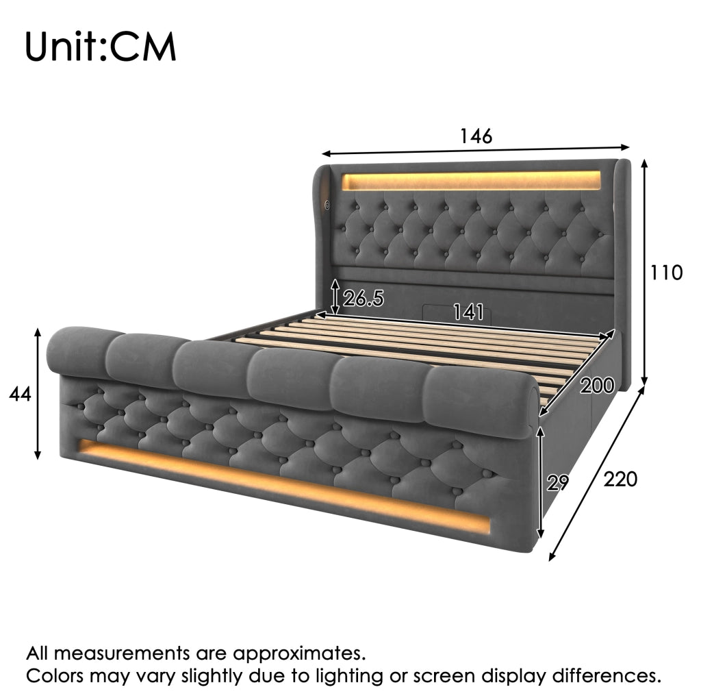 LETTO Contenitore 140x200 cm Velluto Grigio con LED USB e Type-C