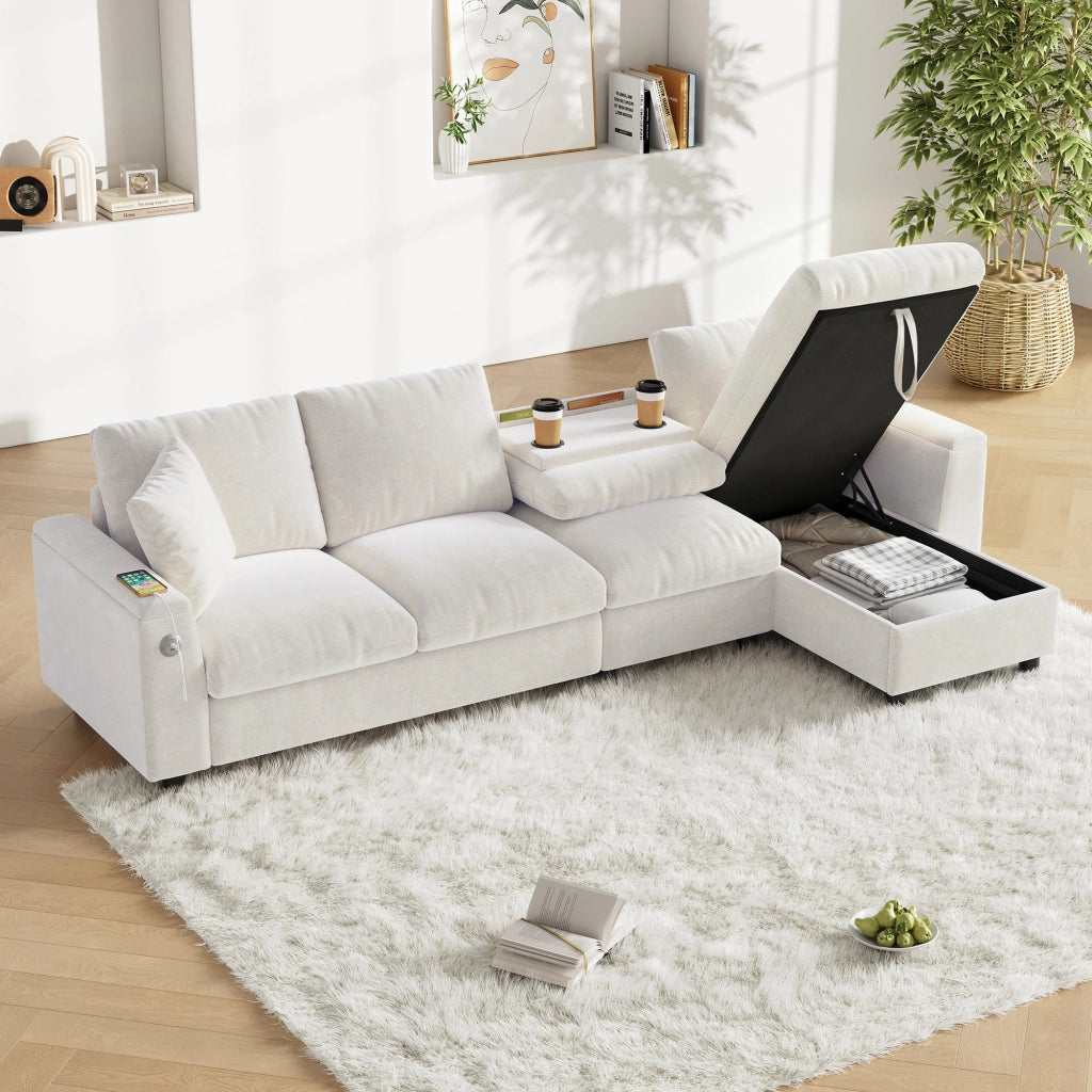 Divano angolare letto in ciniglia beige con chaise longue reversibile tavolino ribaltabile e vani 84 × 280 × 137 cm