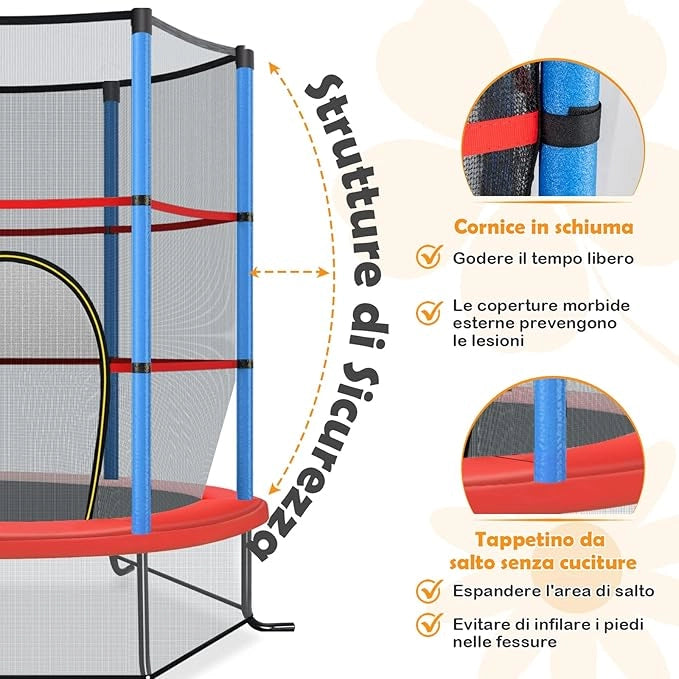 Trampolino Elastico Bambino in Acciaio, Tappeto Elastico Bambini da Esterno e da Interno, con Rete e Cusicnetti Antiscivolo