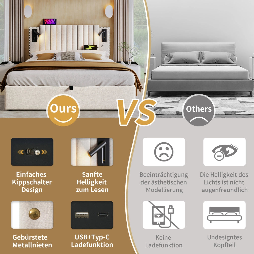 Letto matrimoniale contenitore 180x200 beige con USB e luce