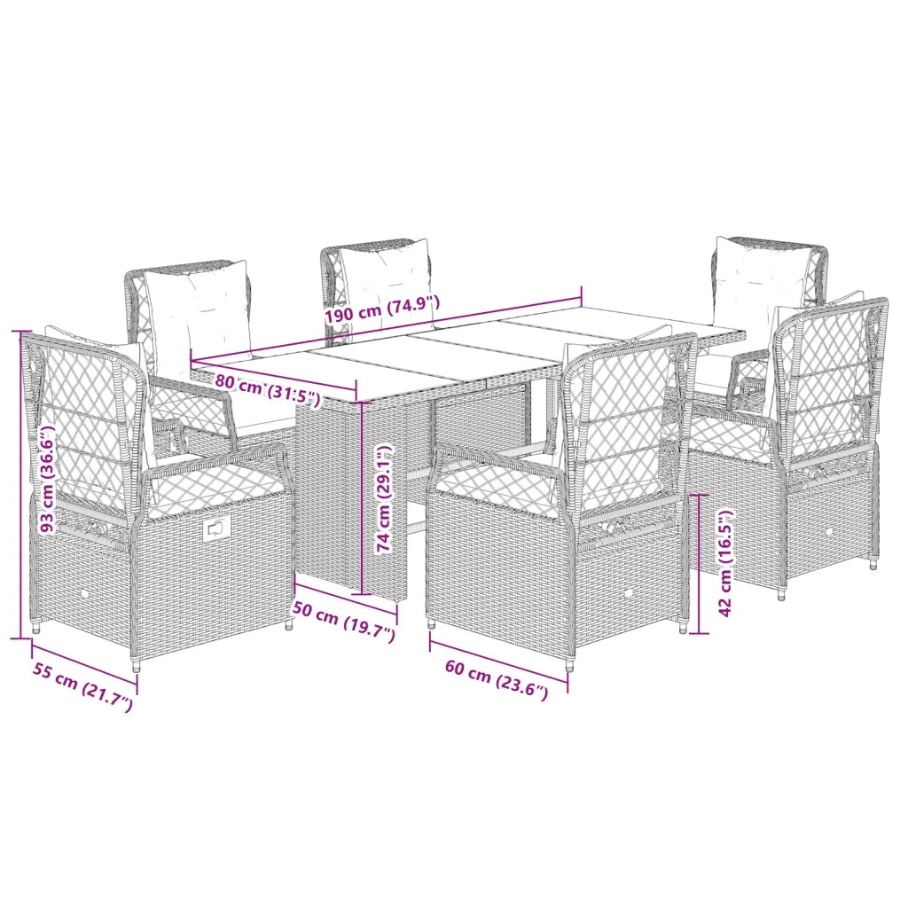 Set da Pranzo da Giardino 7 pz Nero con Cuscini in Polyrattan 3262922