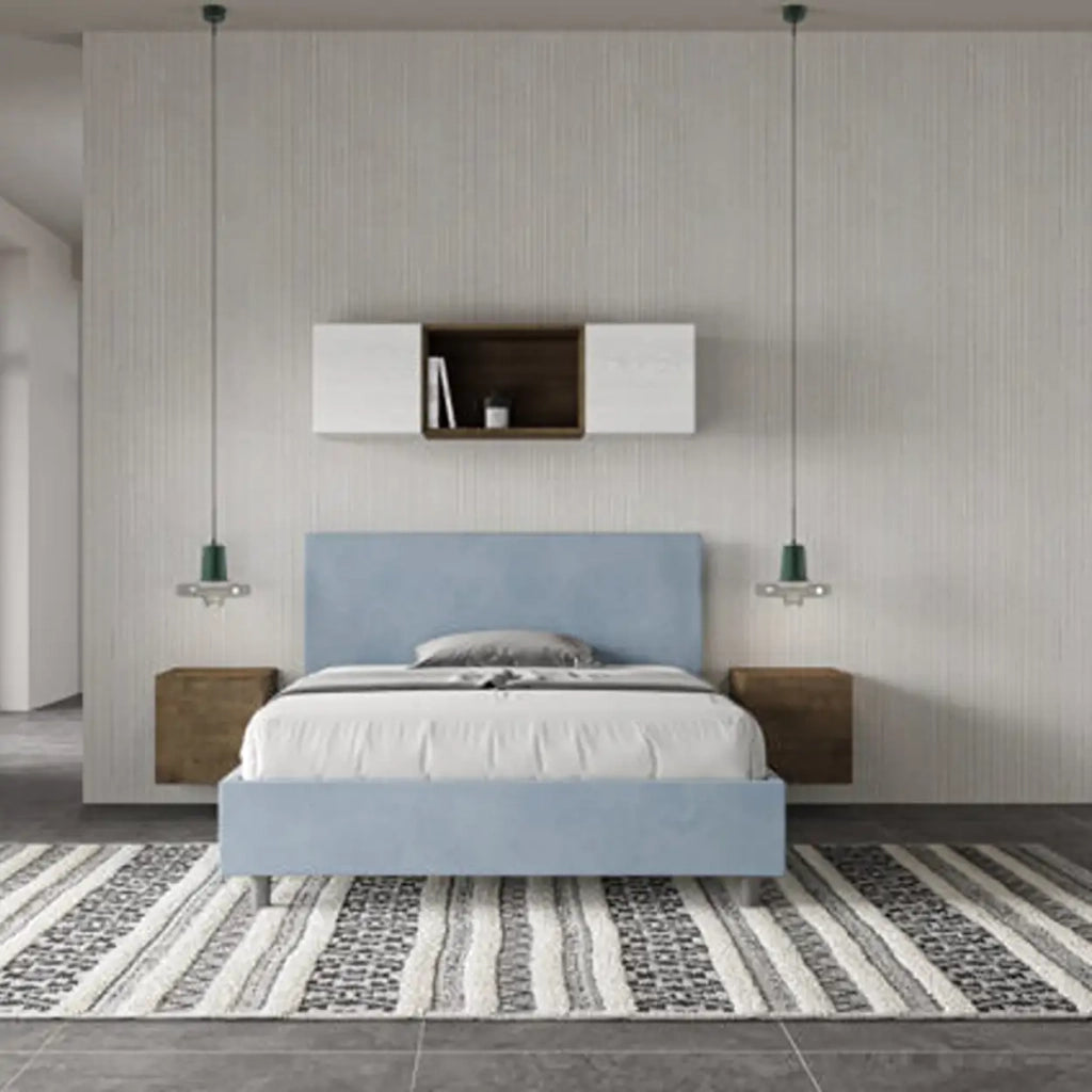 Letto matrimoniale francese senza rete imbottito 140x190 microfibra azzurro Adele