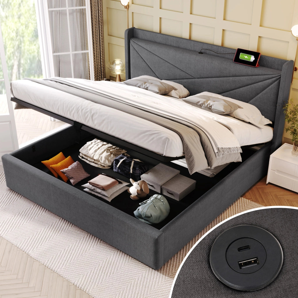 Letto matrimoniale contenitore 180x200 grigio con porte USB e USB-C