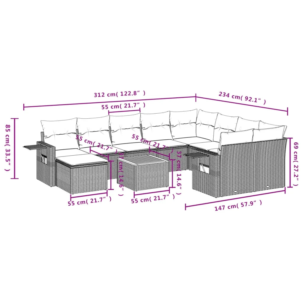 Set Divano da Giardino 11 pz con Cuscini Beige Misto Polyrattan