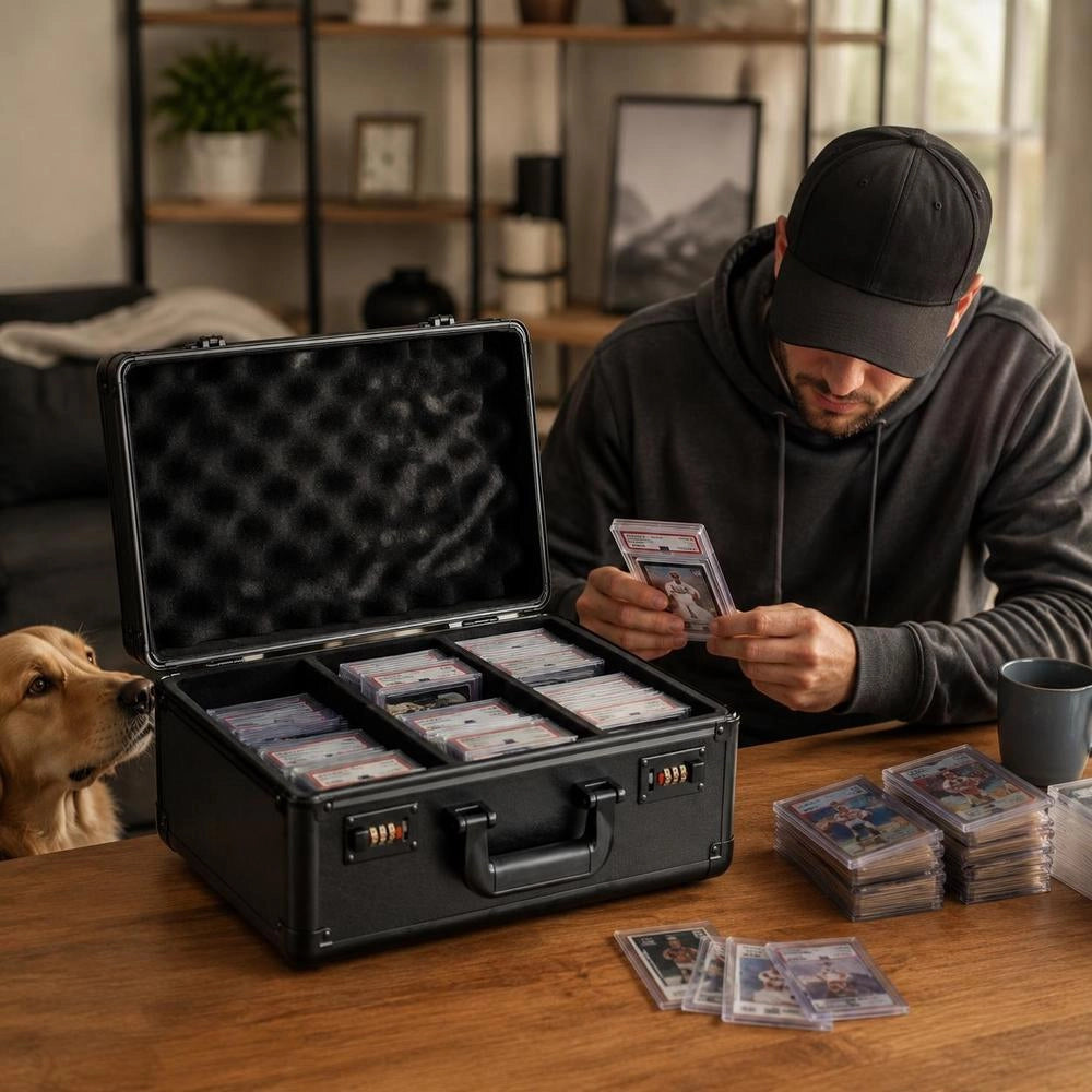 Storage Box With 4 Compartments, Carrying Case For Sports Cards With Foam Dividers And Combination Lock, For 108 Rated PSA Cards, 76 BGS Cards, 84 SGC Cards, 388 Top Loaders Or 999+ Loose Cards