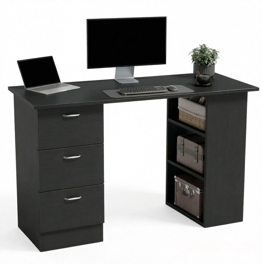 Scrivania per computer in MDF nero 120x49x72 cm con 3 ripiani e 3 cassetti