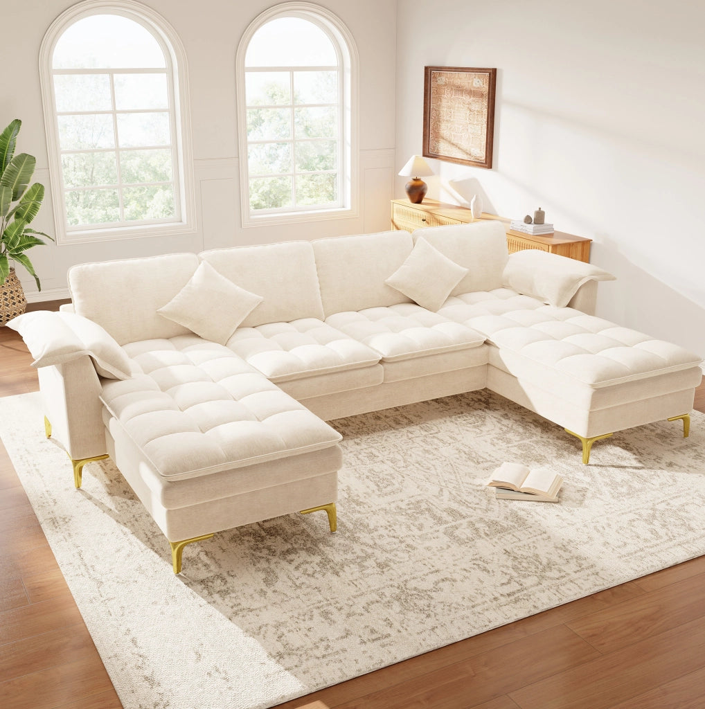 DIVANO A U 4-5 POSTI 262x134x86 cm Chenille Beige con 2 cuscini