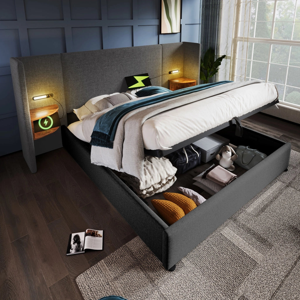 Letto contenitore matrimoniale 160 × 200 cm con luce da lettura, USB e Type-C, materasso incluso, grigio, lino