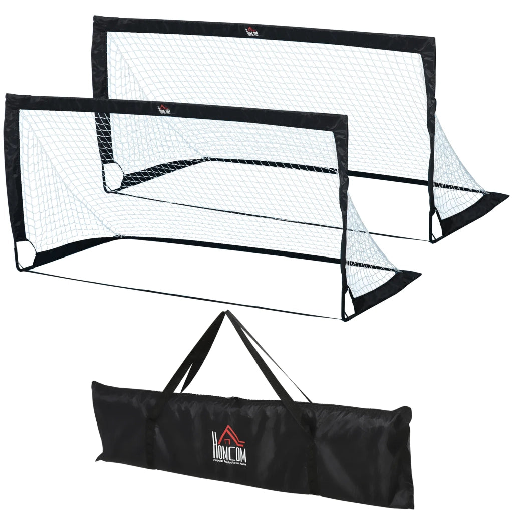 Set 2 Mini Porte da Calcio Pieghevoli in Acciaio e Tetrolon, Nere, 186x90x89 cm, per Giardino e Parco Giochi