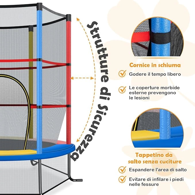 Trampolino Elastico Bambino in Acciaio, Tappeto Elastico Bambini da Esterno e da Interno, con Rete e Cusicnetti Antiscivolo