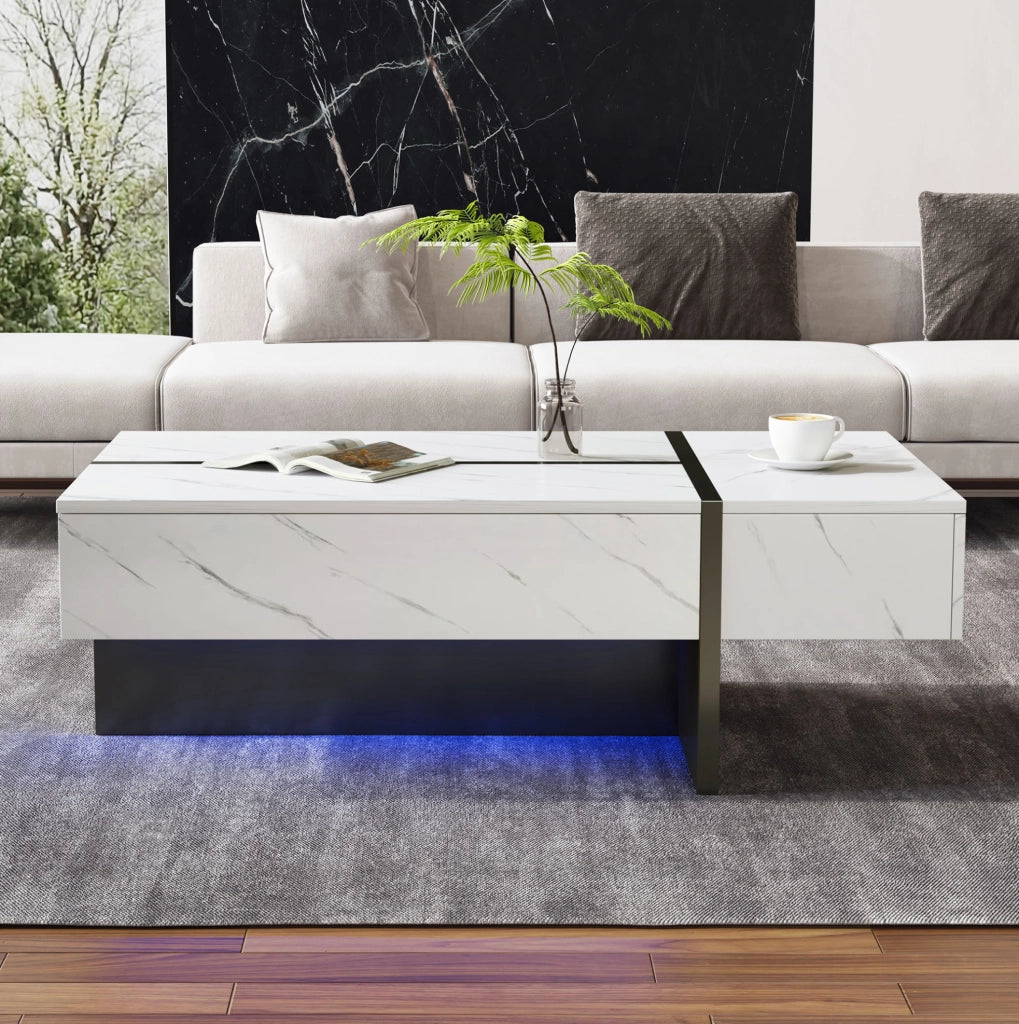TAVOLO da caffè con LED, 105x60x35 cm, bianco, 3 cassetti