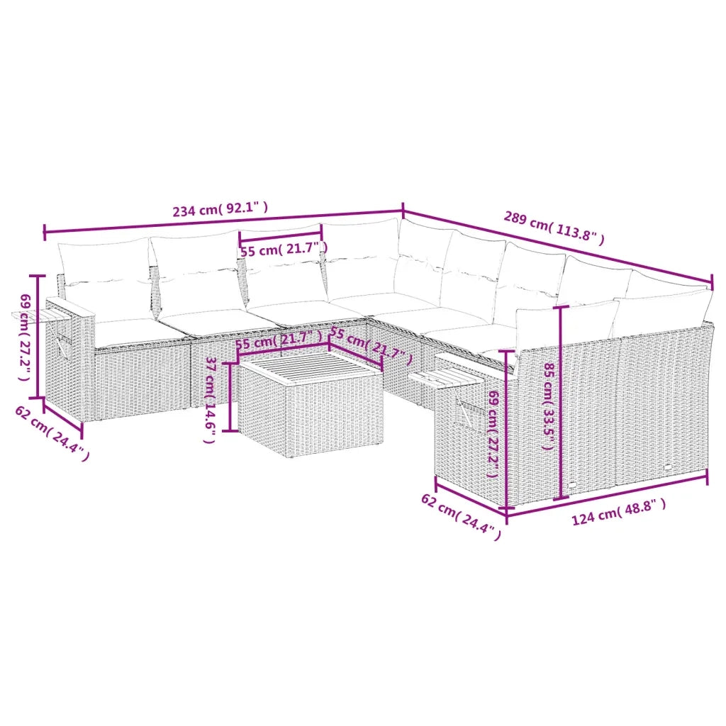Set Divano da Giardino 9 pz con Cuscini Beige in Polyrattan