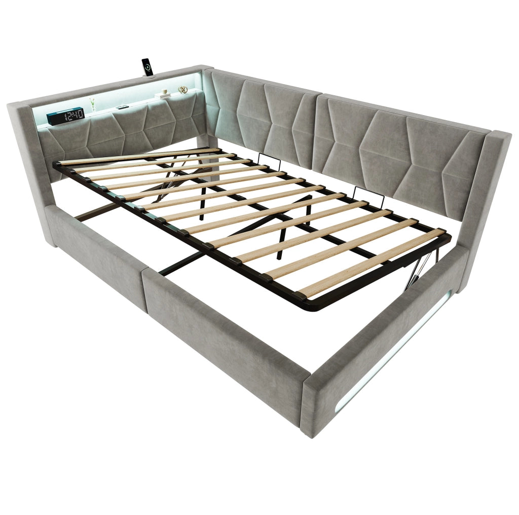 Letto imbottito 140x200 cm con contenitore, LED, USB e Type-C, velluto grigio scuro