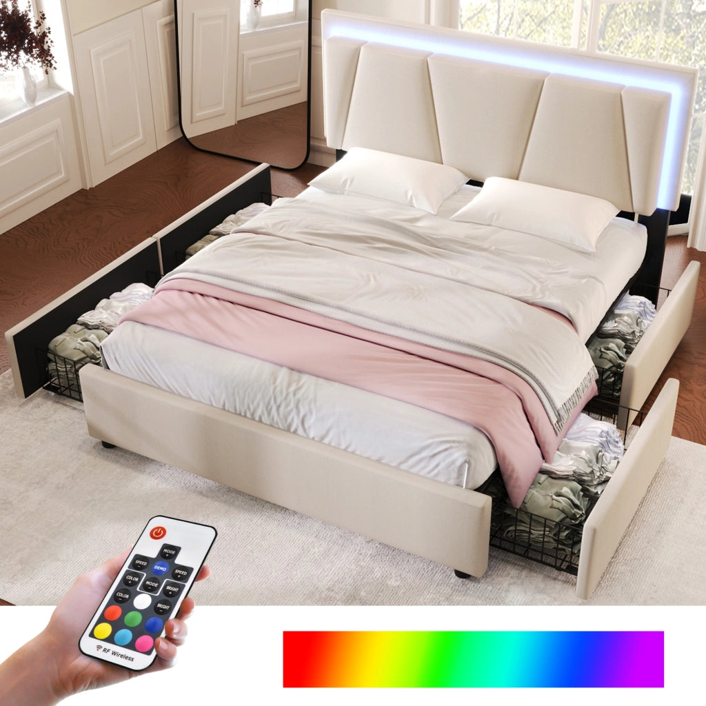 Letto matrimoniale imbottito 160x200 cm beige con 4 cassetti