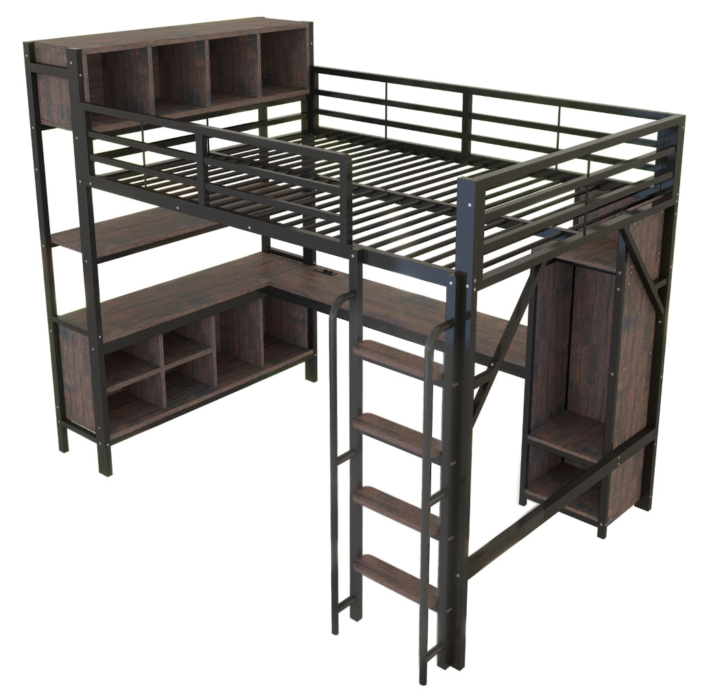 Letto a soppalco ULEVR 140x200 cm con scrivania, armadio, LED e prese UE, nero